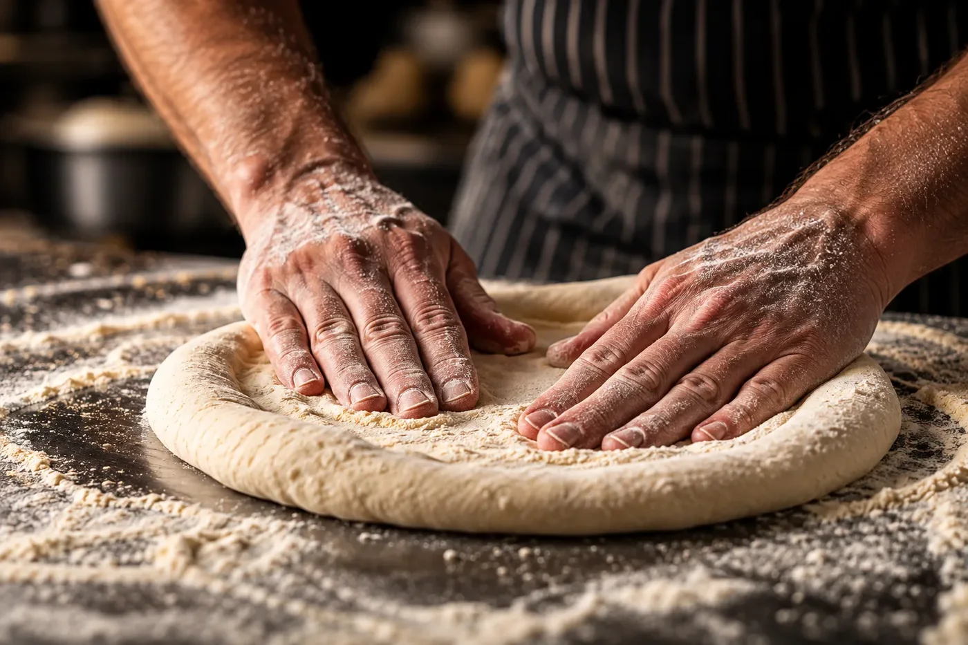 Floured hands opening a Fiamma dough ball on the worktop, pushing the air out to the edge
