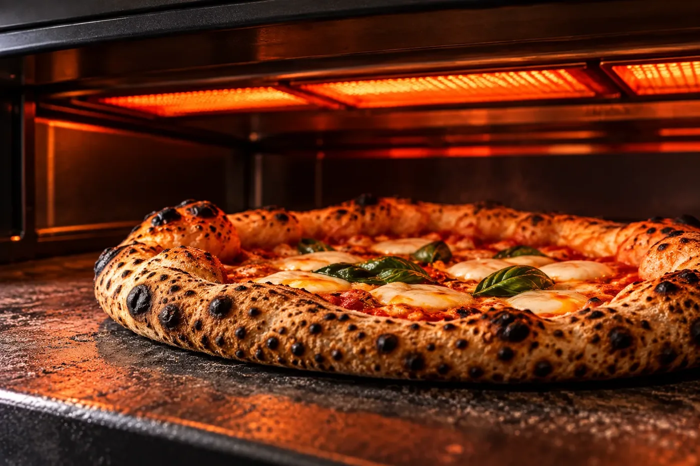 A Fiamma Margherita in the high-temperature electric pizza oven, its cornicione rising and leopard-spotted