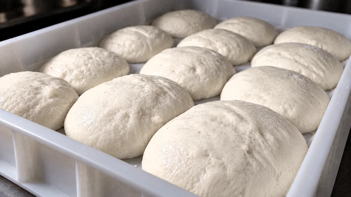 A tray of Fiamma dough balls proving, smooth and creamy white